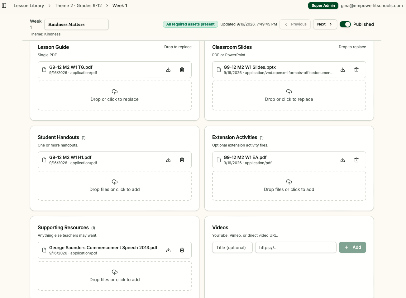 Grades 9–12 lesson content management view