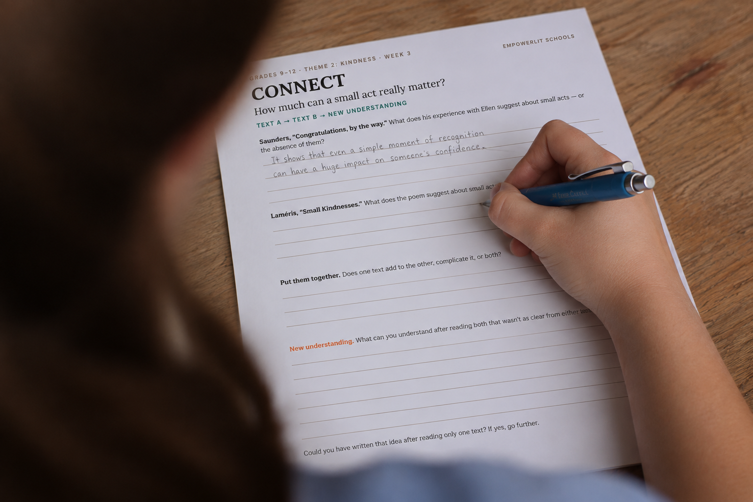 High school student completing an EmpowerLit writing handout