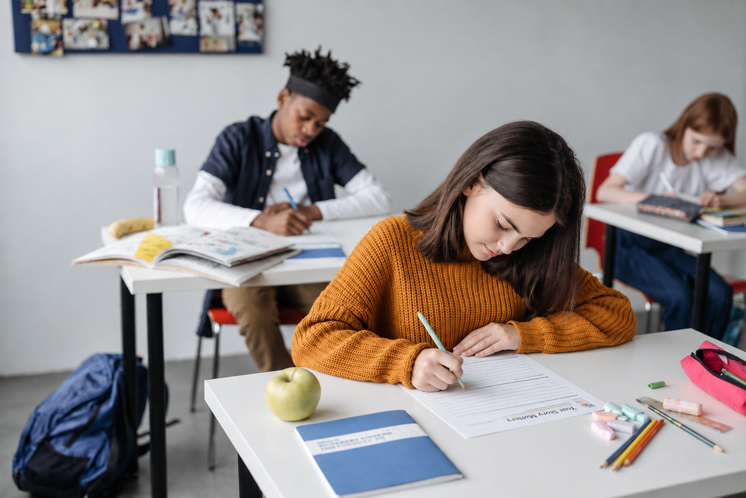 Middle school students writing independently in class